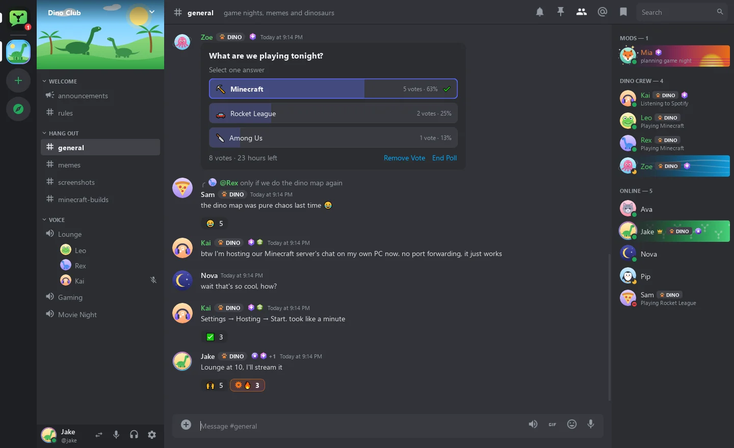 The Roar desktop app with a server's chat, a voice channel and the member list.